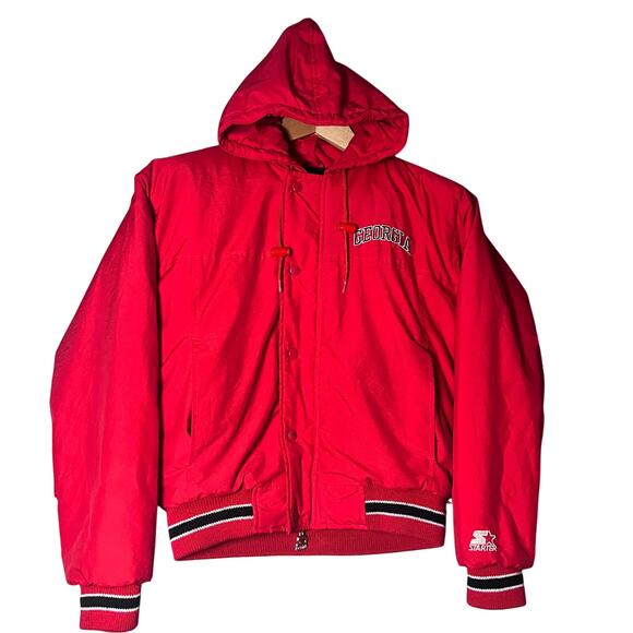 Starter Georgia Bulldogs Jacket L Vintage 90s Hooded Spellout Red Distressed - Picture 1 of 15